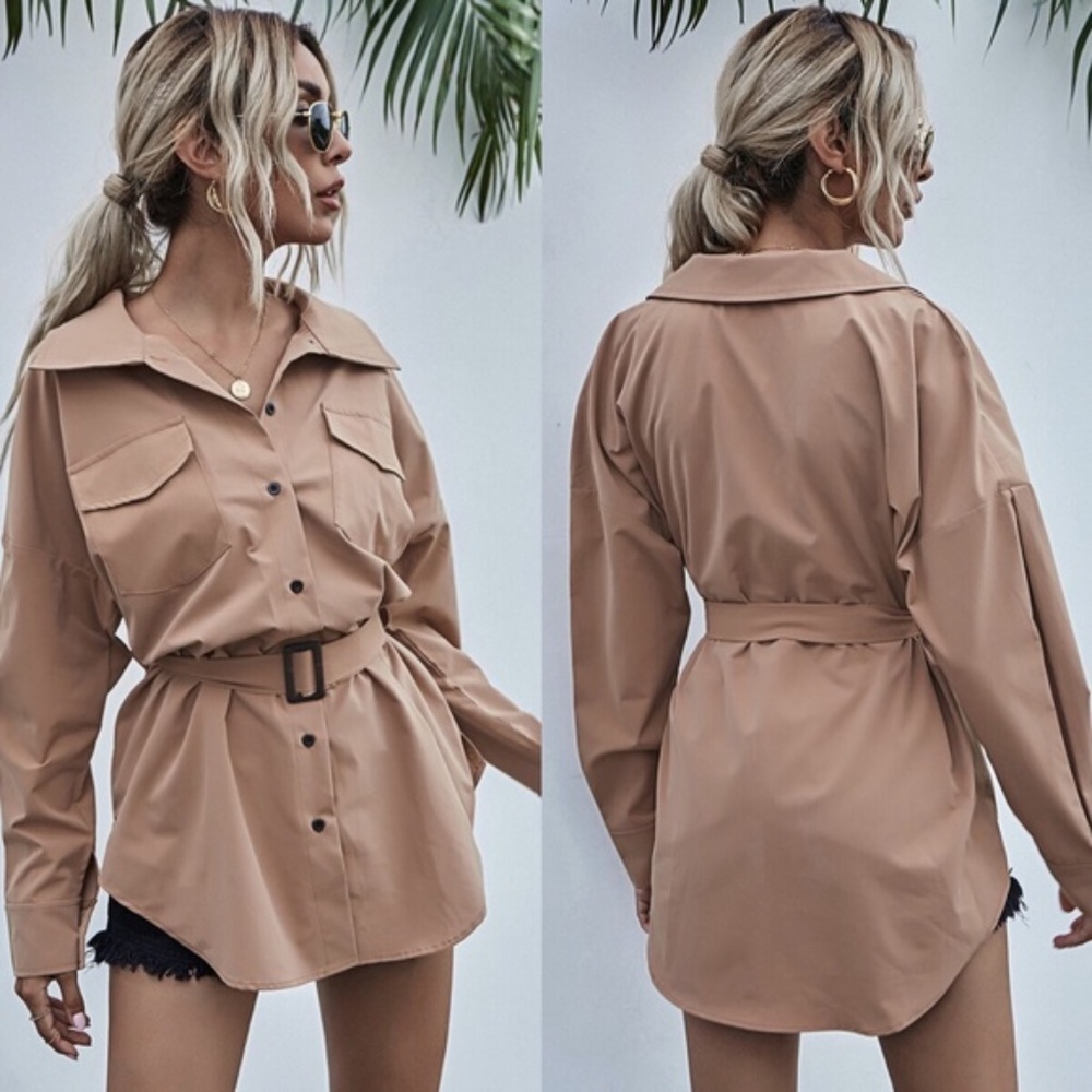 button detail belted long sleeve shirt - black - Picture 3 of 9